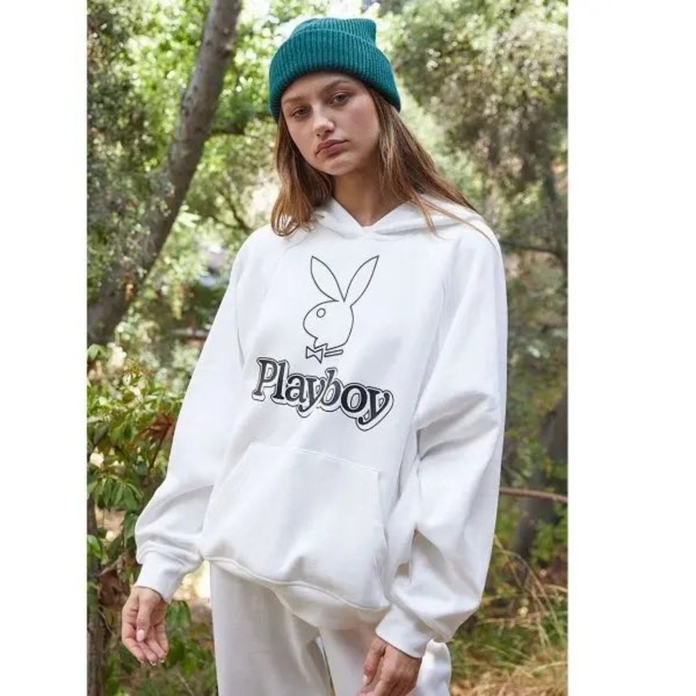 Playboy by PacSun White Graphic Hoodie Bunny Logo Sweatshirt Womens Medium - Picture 1 of 8